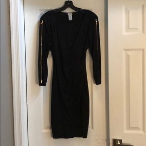 Cache black dress with gold zippers on sleeve